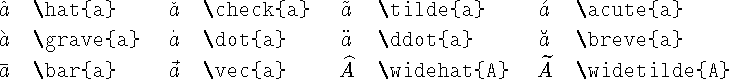 \begin{table}
\begin{symbols}{*4{cl}}
\W{\hat}{a} & \W{\check}{a} & \W{\tilde}{...
...}{a} &\W{\vec}{a} &\W{\widehat}{A}&\W{\widetilde}{A}\\
\end{symbols}\end{table}