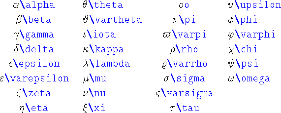 \begin{table}\begin{symbols}{*4{cl}}
\X{\alpha} & \X{\theta} & \X{o} & \X{\up...
...& \X{\varsigma} & & \\
\X{\eta} & \X{\xi} & \X{\tau}
\end{symbols}\end{table}