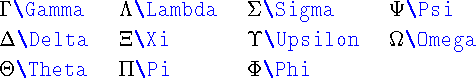 \begin{table}\begin{symbols}{*4{ll}}
\X{\Gamma} & \X{\Lambda} & \X{\Sigma} & ...
...lon} & \X{\Omega} \\
\X{\Theta} & \X{\Pi} & \X{\Phi}
\end{symbols}\end{table}